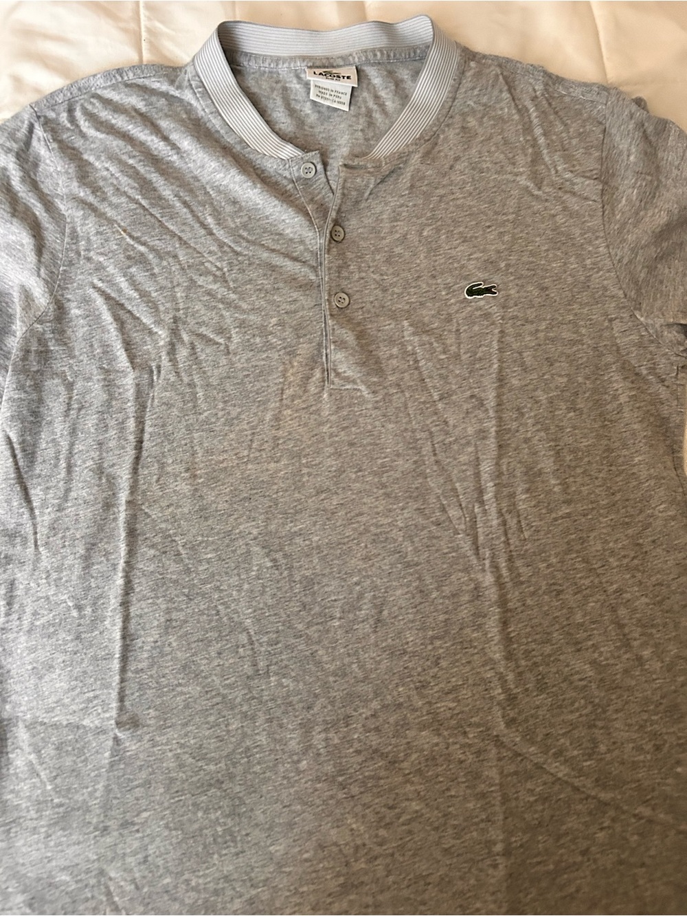 Lacoste Light Gray Short-Sleeve Henley Polo with Green Crocodile Logo